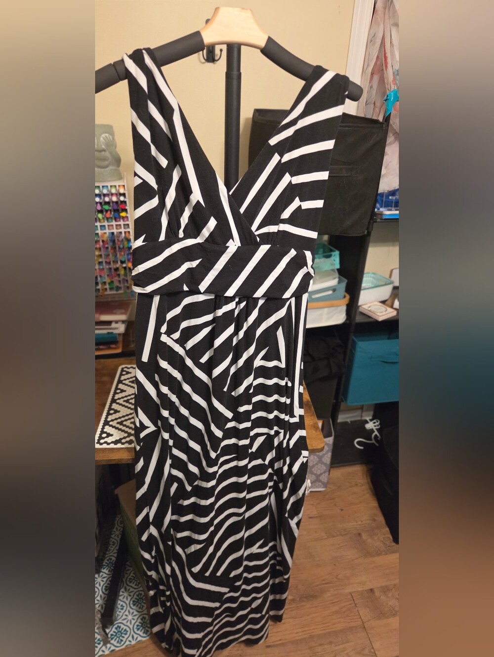 Striped V-Neck Maxi Dress in Black and White